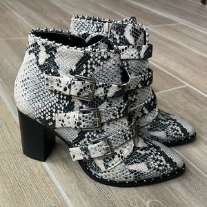 Steve Madden Studded Snakeskin Strapped Buckle Booties with Pointed Toe